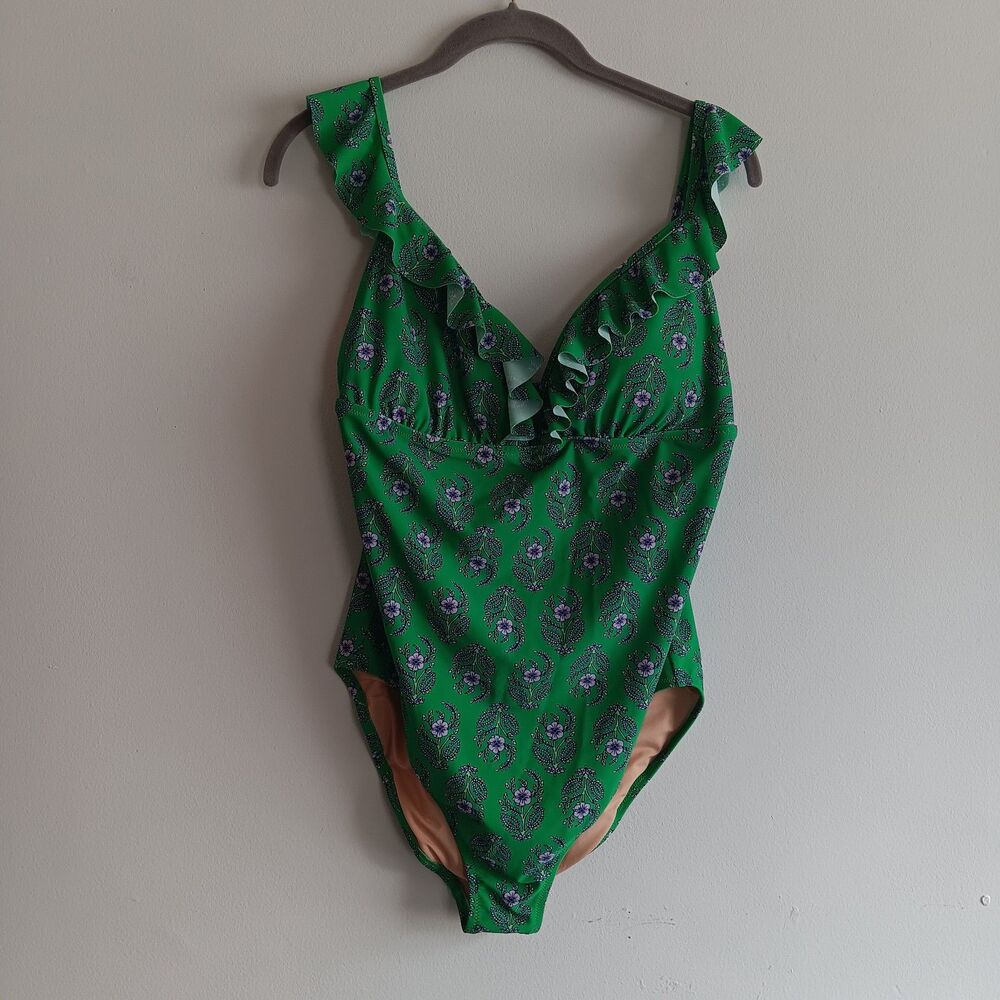 J. Crew Green Floral One Piece Swimsuit Size L ruffled babydoll beach summer